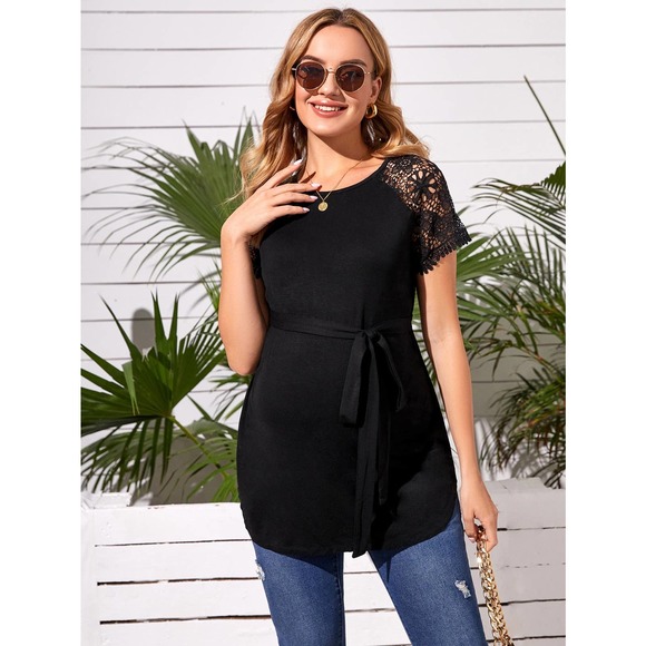Maternity Contrast Lace short sleeve Tie Front T shirt black - Picture 3 of 5